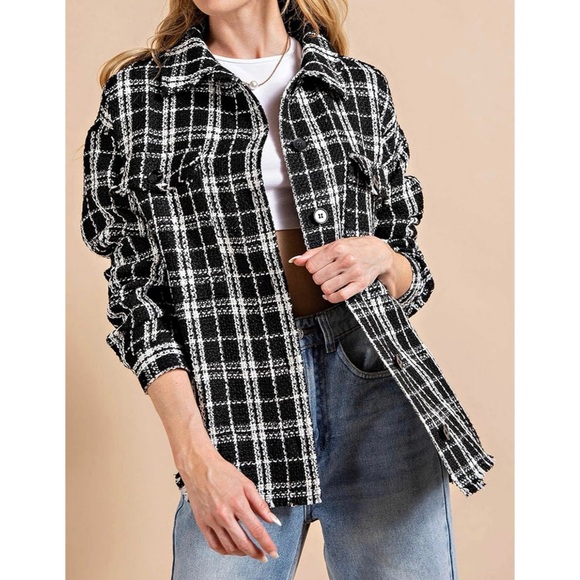 Himythe Jackets & Blazers - Black Plaid Tweed Shirt Jacket Button Down Size Medium